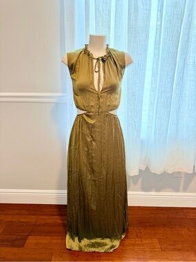 Zara Olive Green Satin Cutout Maxi Dress Ruffle Tie Neck L